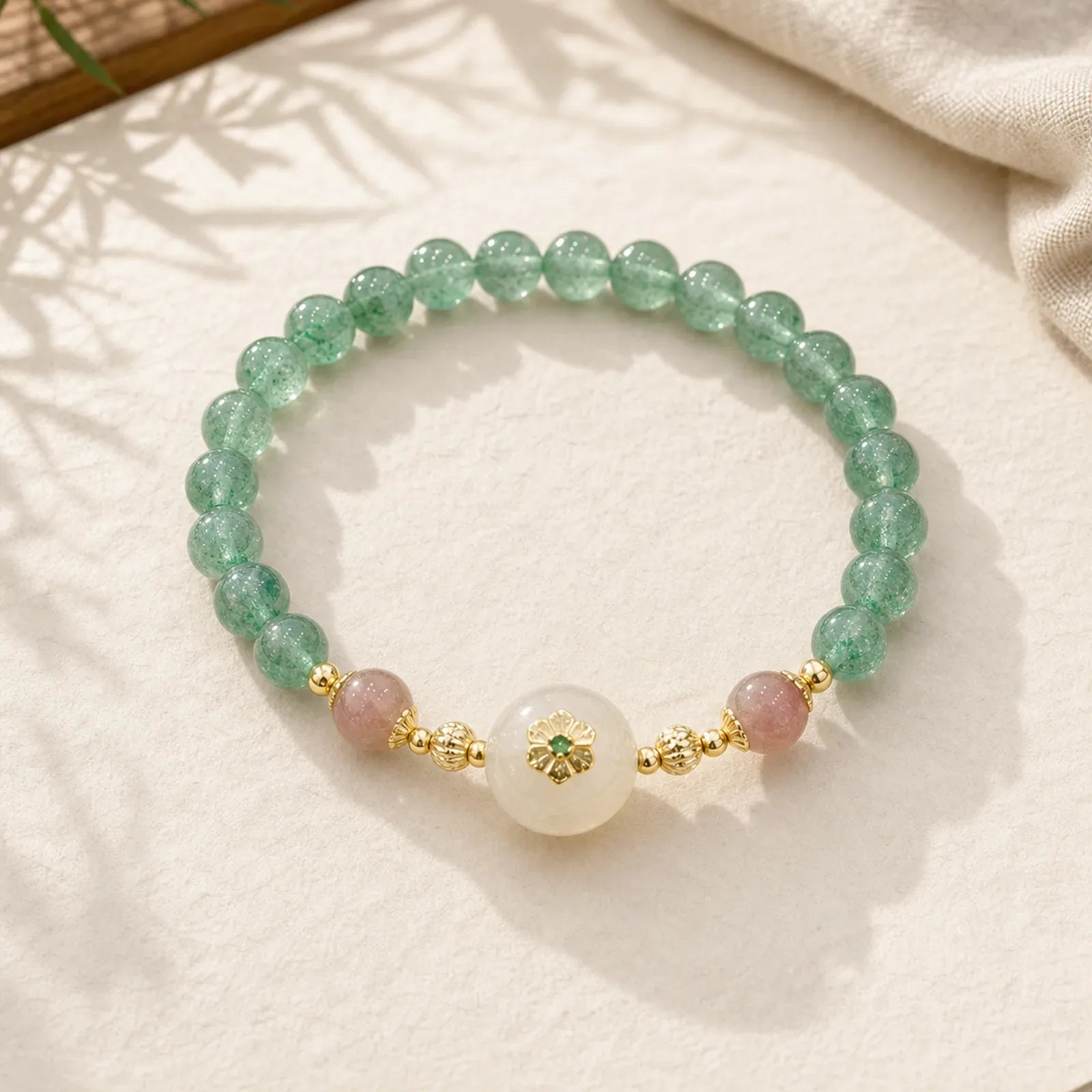 Natural Green Strawberry Quartz Chalcedony Flower Gratitude Bracelet featuring Green Strawberry Quartz, Strawberry Quartz, Chalcedony