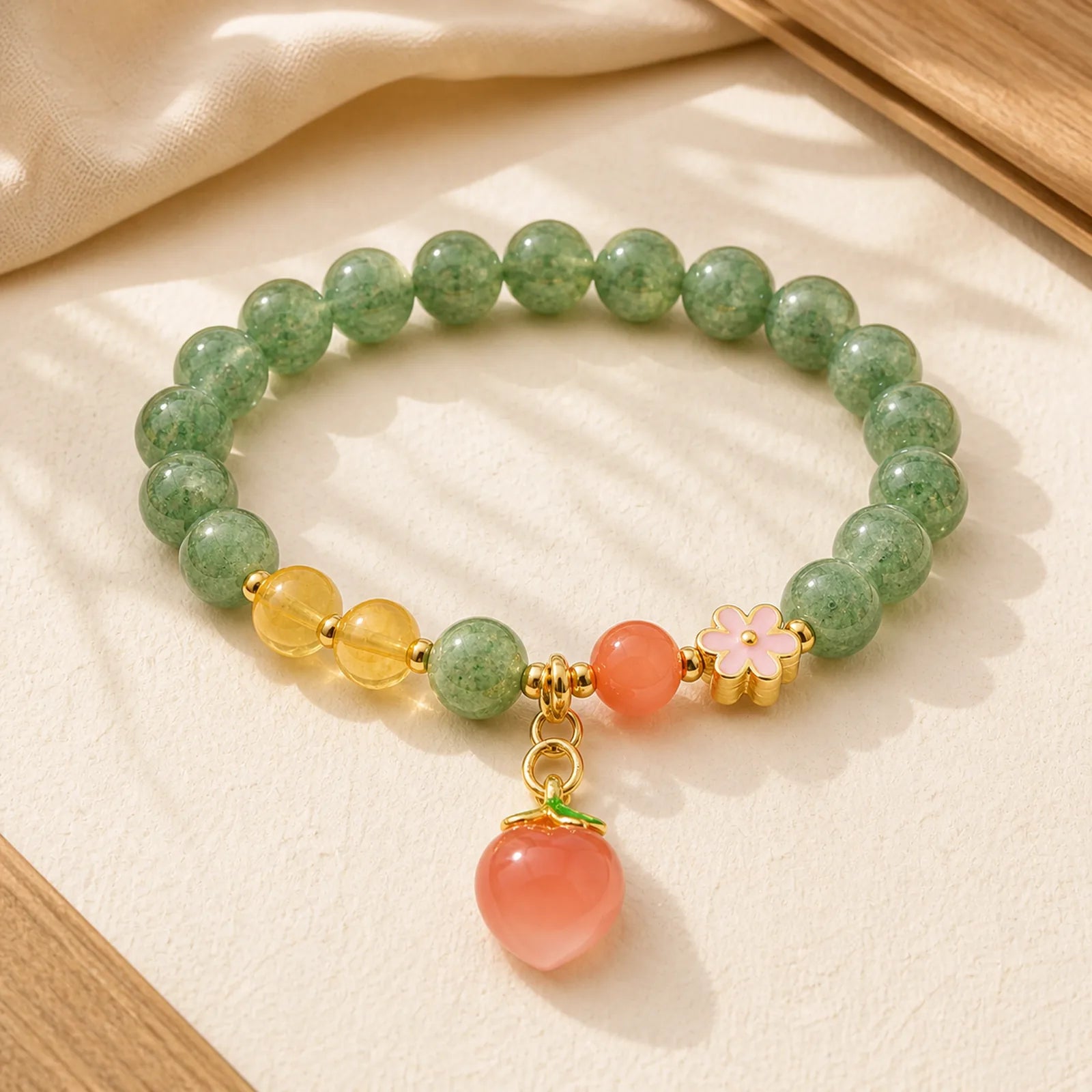 Natural Green Strawberry Quartz Love Peach Charm Bracelet featuring Green Strawberry Quartz, Strawberry Quartz, Citrine