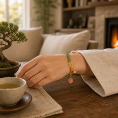 Natural Green Strawberry Quartz Love Peach Charm Bracelet featuring Green Strawberry Quartz, Strawberry Quartz, Citrine