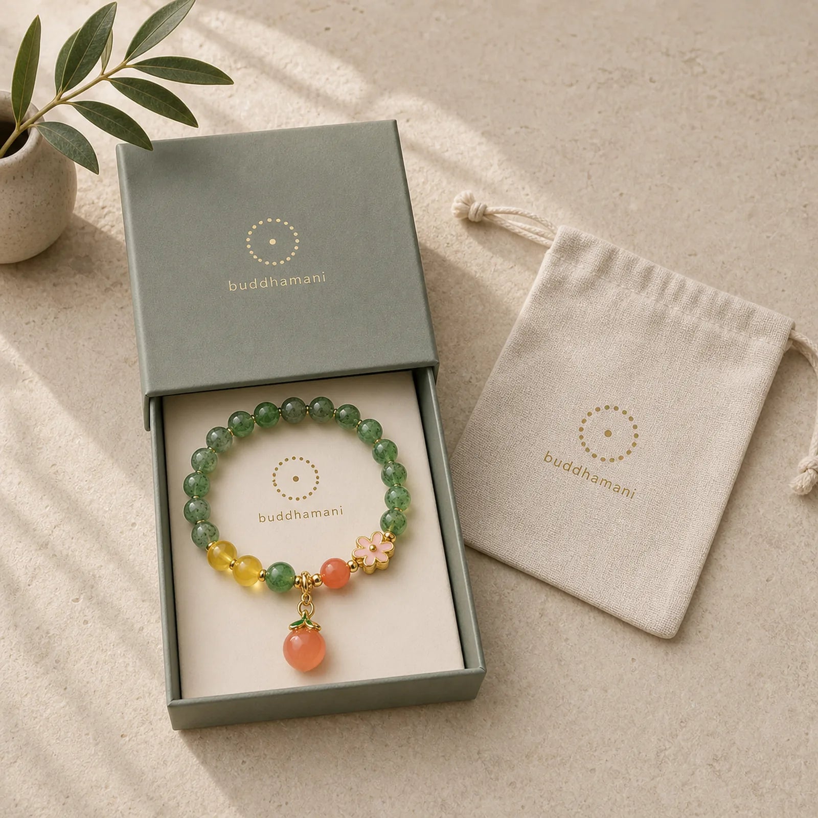 Natural Green Strawberry Quartz Love Peach Charm Bracelet featuring Green Strawberry Quartz, Strawberry Quartz, Citrine