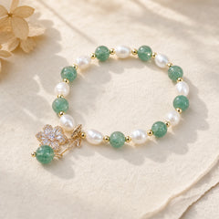 Natural Green Strawberry Quartz Pearl Flower Charm Love Bracelet featuring Green Strawberry Quartz, Strawberry Quartz, Pearl