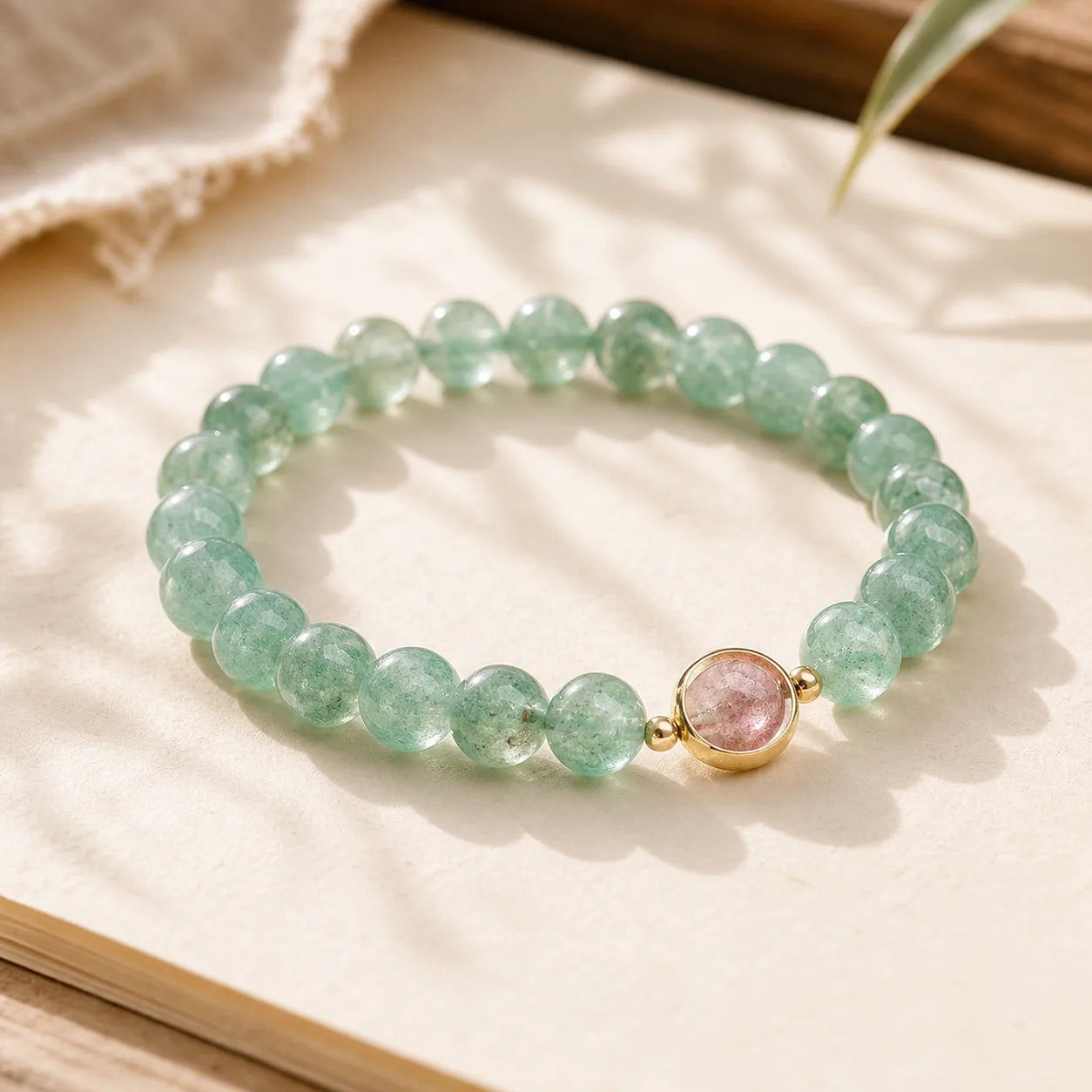Natural Green Strawberry Quartz Soothing Beaded Bracelet featuring Green Strawberry Quartz, Strawberry Quartz