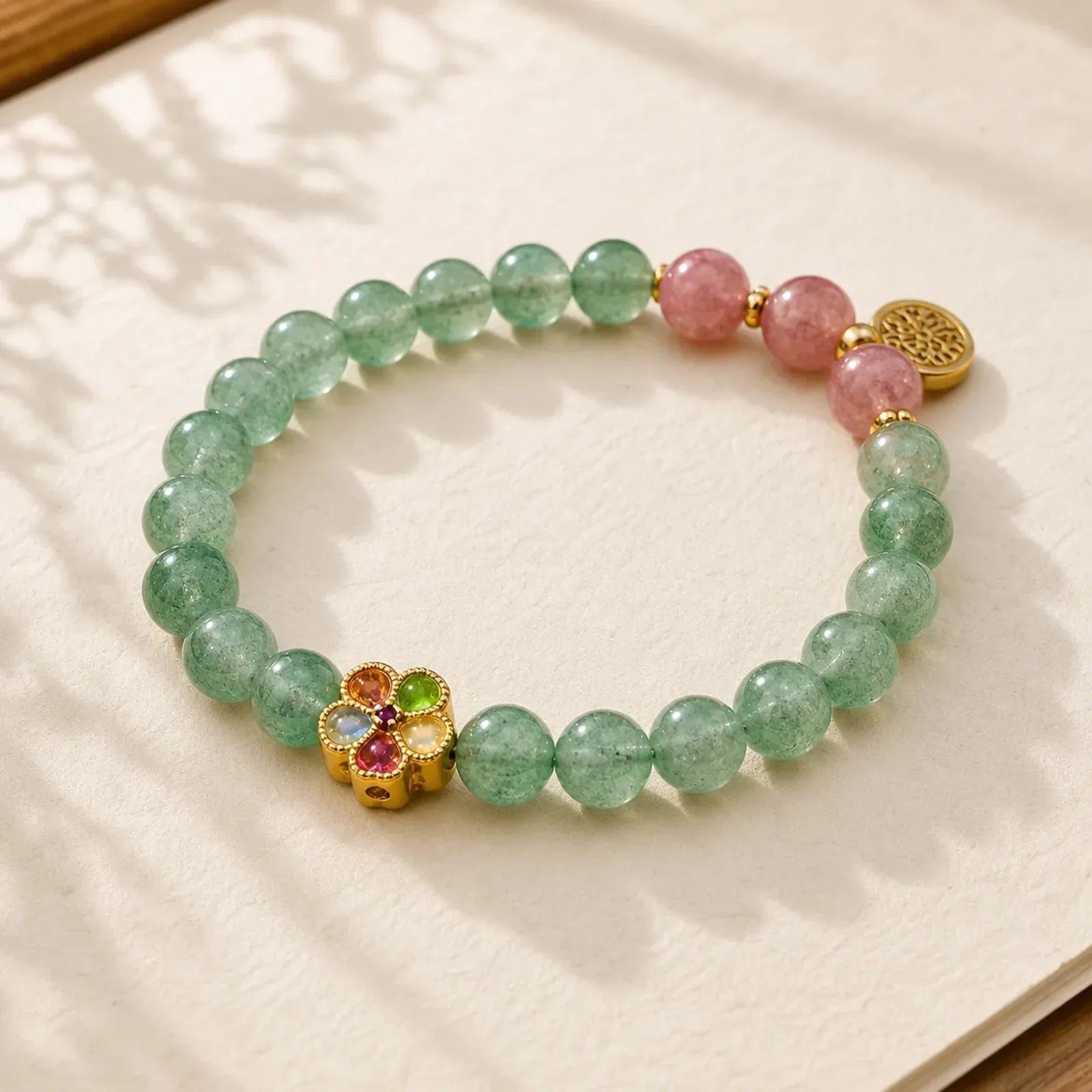 Natural Green Strawberry Quartz Soothing Fu Character Bracelet featuring Green Strawberry Quartz, Strawberry Quartz, Fu Character