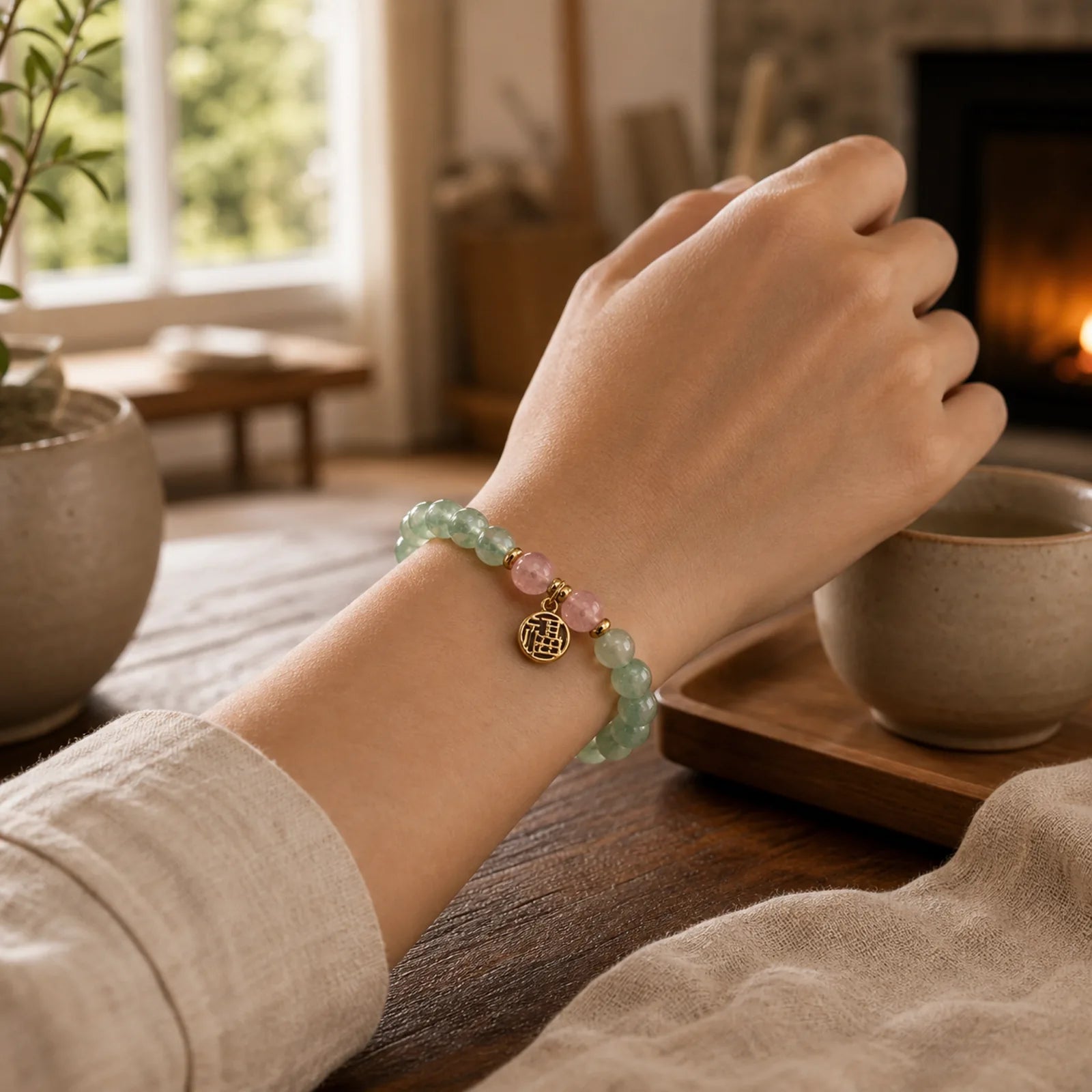 Natural Green Strawberry Quartz Soothing Fu Character Bracelet featuring Green Strawberry Quartz, Strawberry Quartz, Fu Character