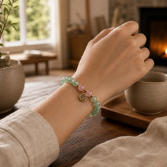 Natural Green Strawberry Quartz Soothing Fu Character Bracelet featuring Green Strawberry Quartz, Strawberry Quartz, Fu Character