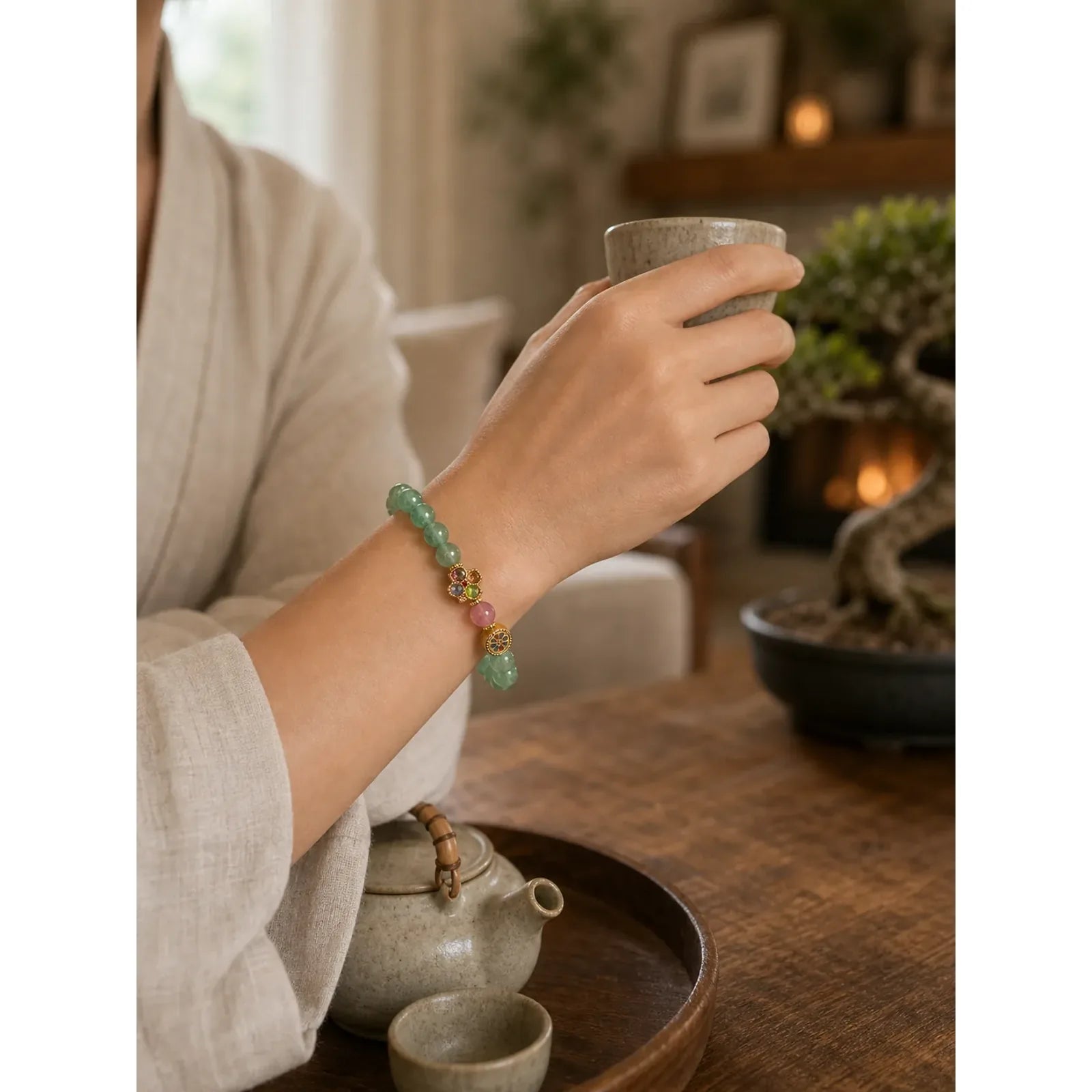 Natural Green Strawberry Quartz Soothing Fu Character Bracelet featuring Green Strawberry Quartz, Strawberry Quartz, Fu Character