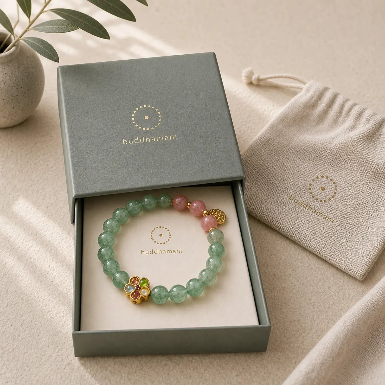 Natural Green Strawberry Quartz Soothing Fu Character Bracelet featuring Green Strawberry Quartz, Strawberry Quartz, Fu Character