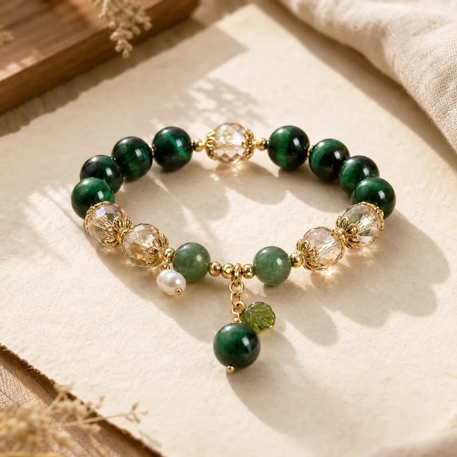 Natural Green Tiger Eye Beads Green Leaf Positive Bracelet featuring Green Tiger Eye, Tiger Eye, Green Strawberry Quartz