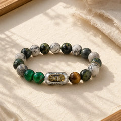 Natural Grey Jasper Kambamba Jasper Tiger Eye Om Mani Padme Hum Protection Bracelet featuring Grey Jasper, Tiger Eye, Om Mani Padme Hum