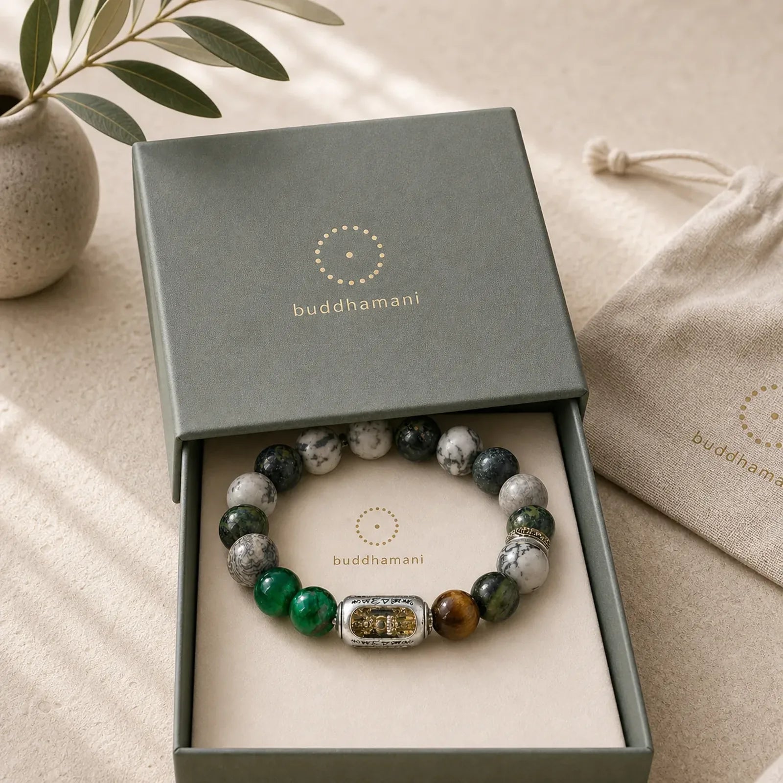 Natural Grey Jasper Kambamba Jasper Tiger Eye Om Mani Padme Hum Protection Bracelet featuring Grey Jasper, Tiger Eye, Om Mani Padme Hum