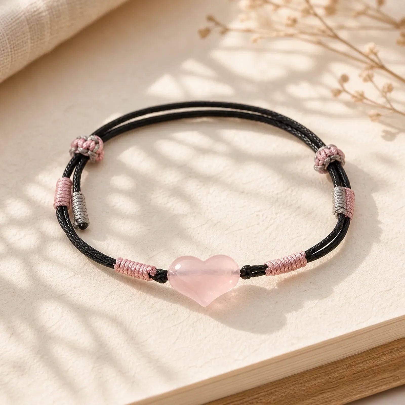 Natural Heart Charm Pink Crystal Braided String Warmth Bracelet featuring Pink Crystal, Rose Quartz