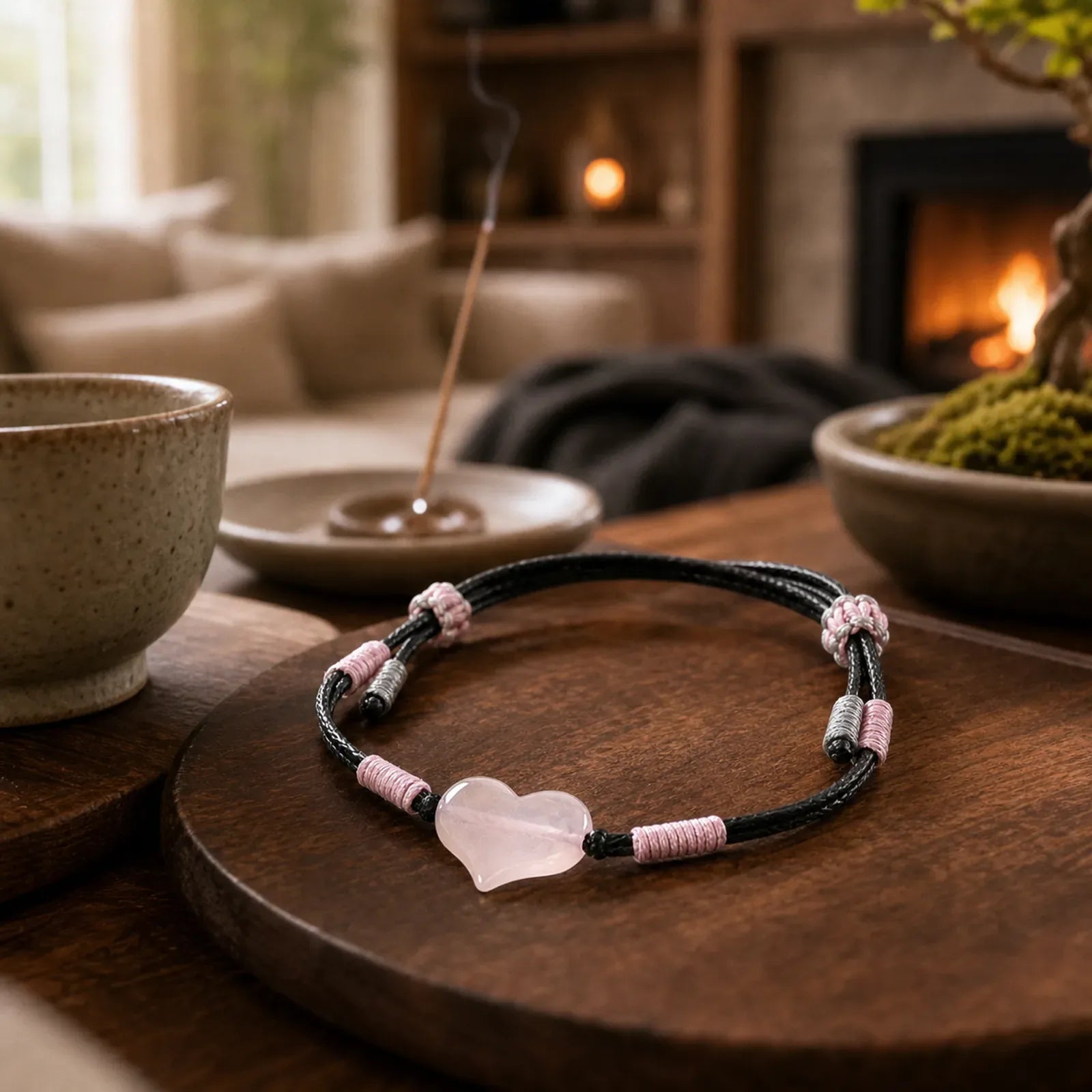 Natural Heart Charm Pink Crystal Braided String Warmth Bracelet featuring Pink Crystal, Rose Quartz