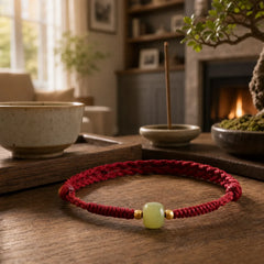 Natural Hetian Jade 999 Gold Beads Protection Luck Braided Bracelet Anklet featuring Jade, Red String