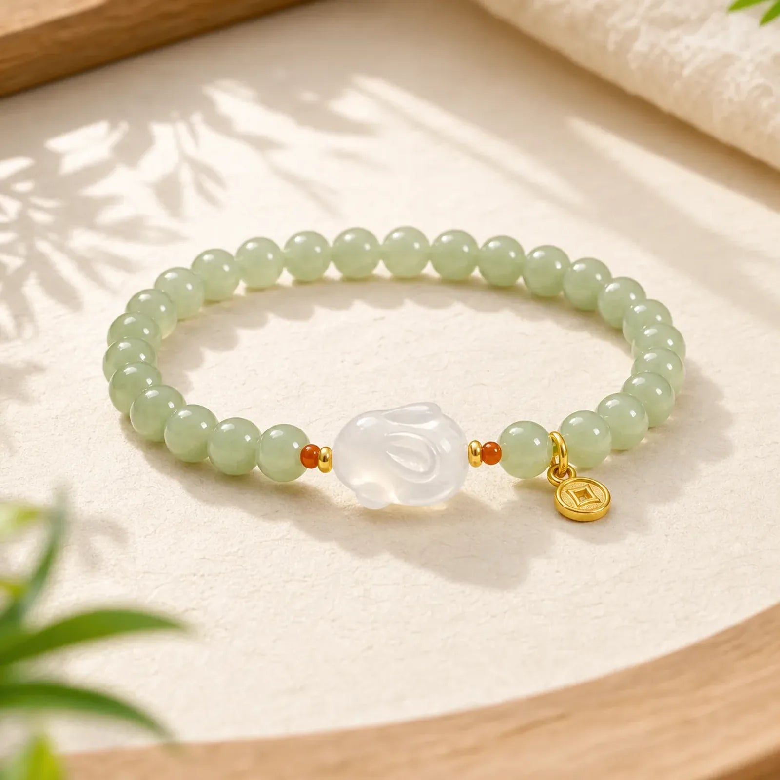 Natural Hetian Jade Agate Rabbit Copper Coin Luck Bracelet featuring Jade, Copper