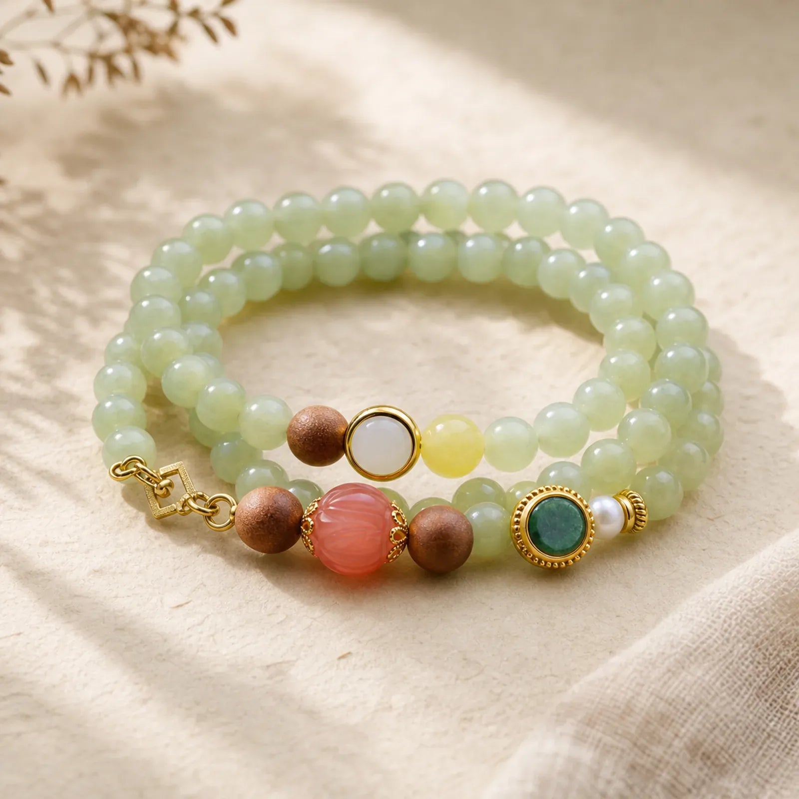 Natural Hetian Jade Amber Lotus Red Agate Luck Abundance Bracelet featuring Jade, Amber, Lotus