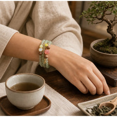 Natural Hetian Jade Amber Lotus Red Agate Luck Abundance Bracelet featuring Jade, Amber, Lotus