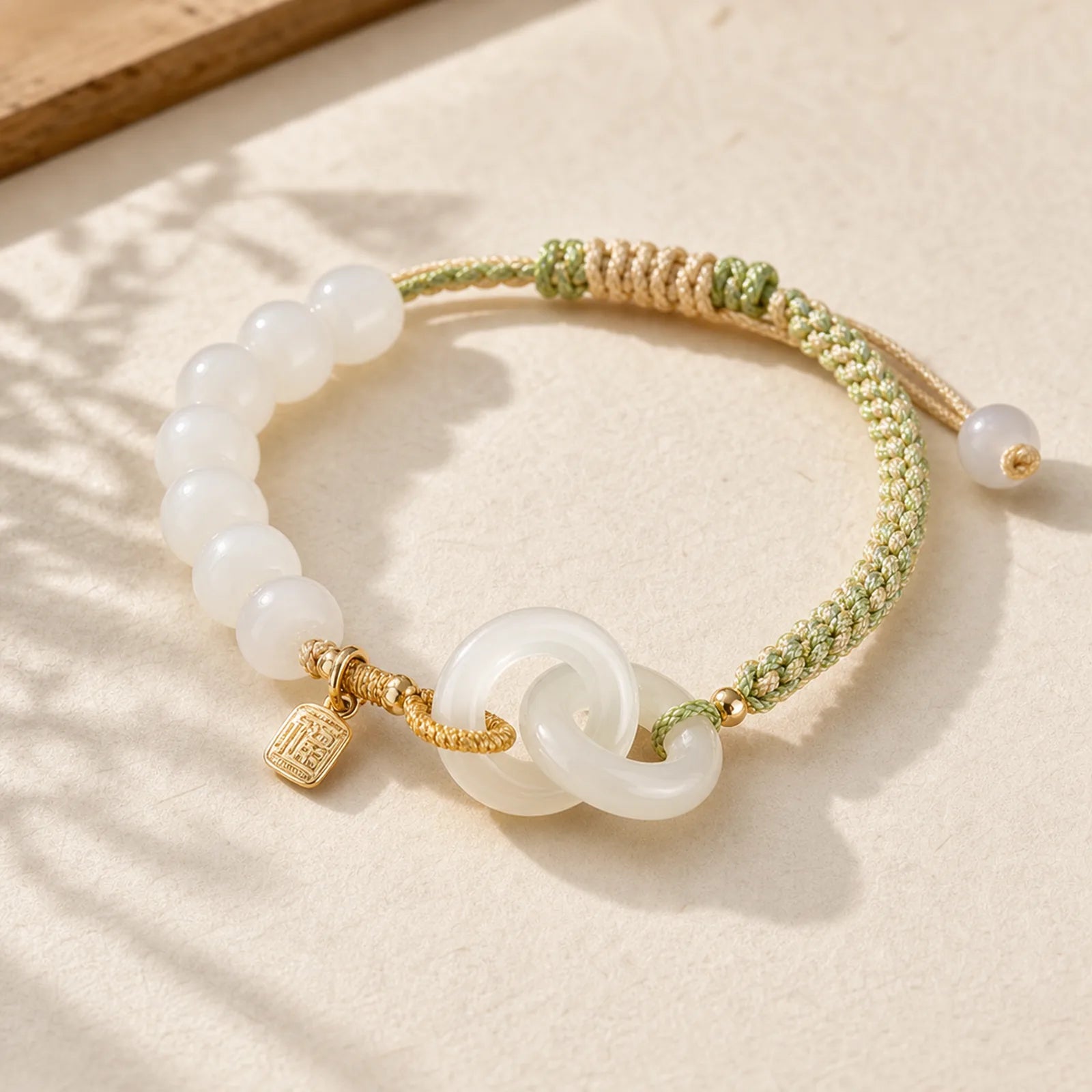 Natural Hetian Jade Bead Double Peace Buckle Fu Character Abundance Braided Bracelet featuring Jade, Peace Buckle, Fu Character