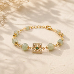 Natural Hetian Jade Bead Square Pattern Luck Chain Bracelet featuring Jade