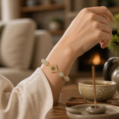 Natural Hetian Jade Bead Square Pattern Luck Chain Bracelet featuring Jade