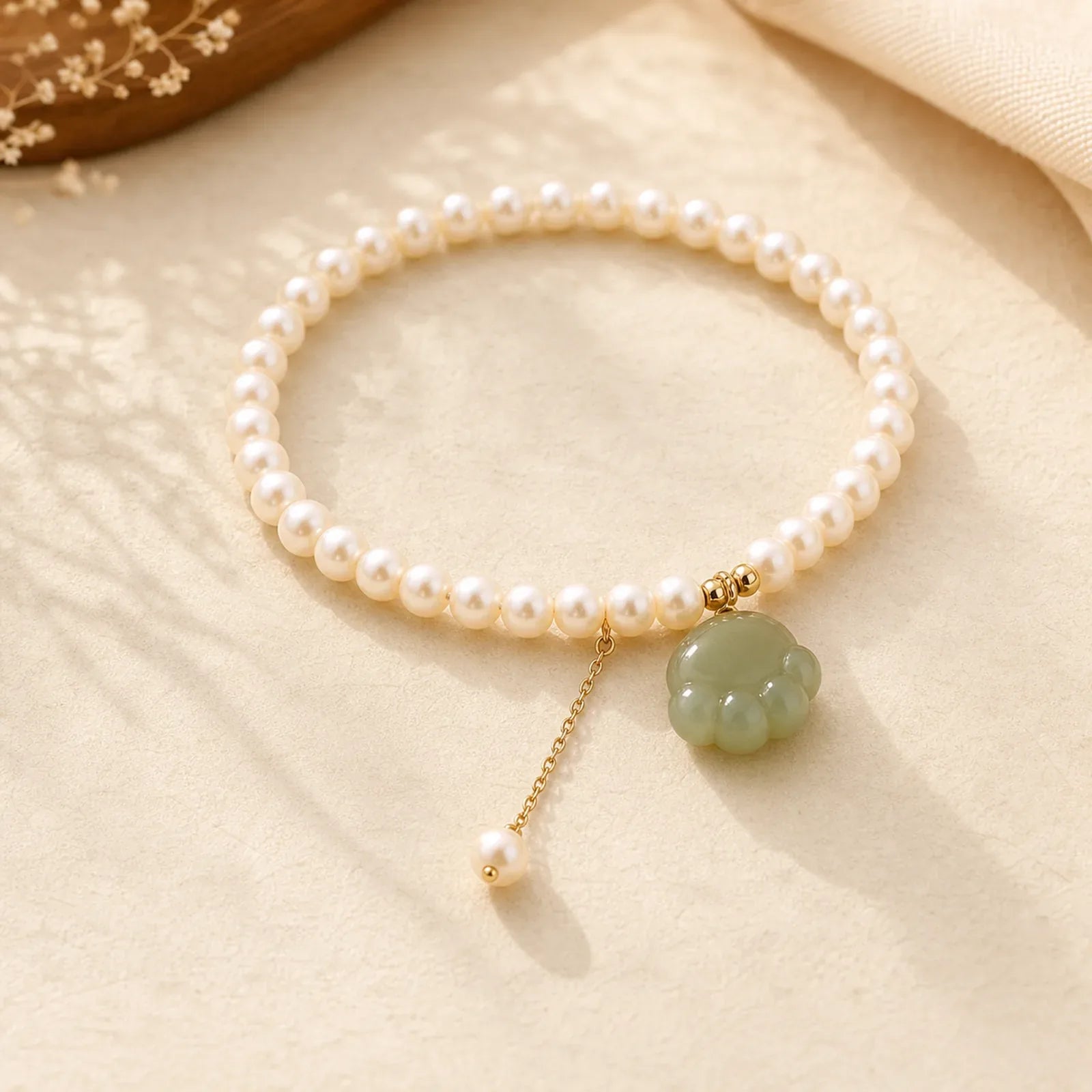 Natural Hetian Jade Cat Paw Design Pearl Luck Bracelet featuring Jade, Pearl, Copper
