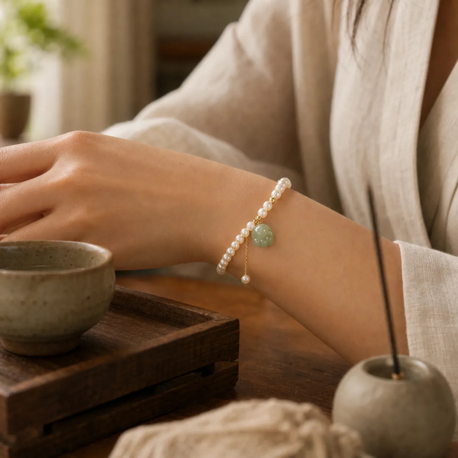 Natural Hetian Jade Cat Paw Design Pearl Luck Bracelet featuring Jade, Pearl, Copper