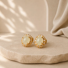 Natural Hetian Jade Egg Copper Prosperity Earrings featuring Jade, Copper, Lotus