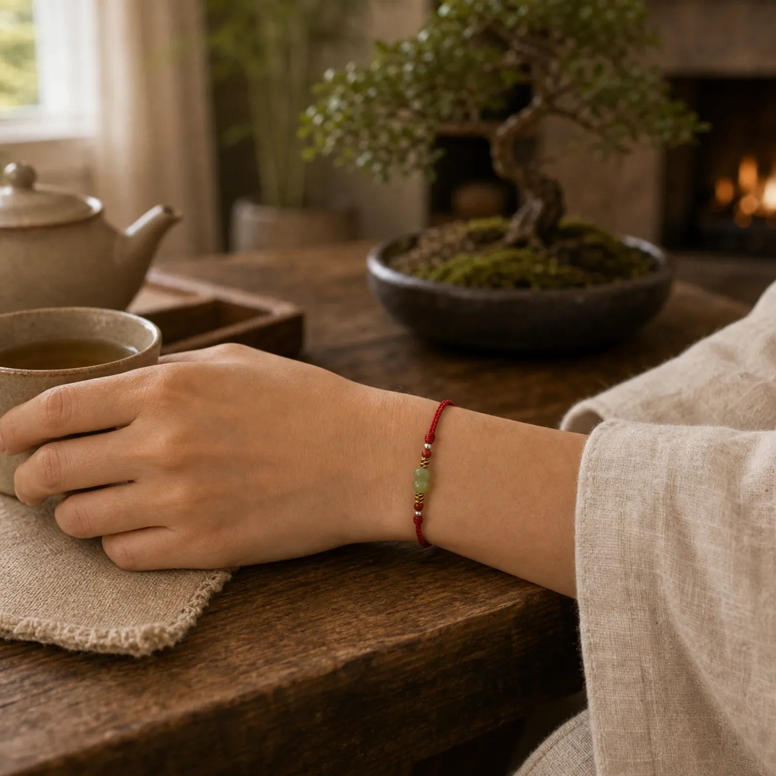 Natural Hetian Jade Gourd Protection Luck Braided Bracelet Anklet featuring Jade, Red String, Cinnabar
