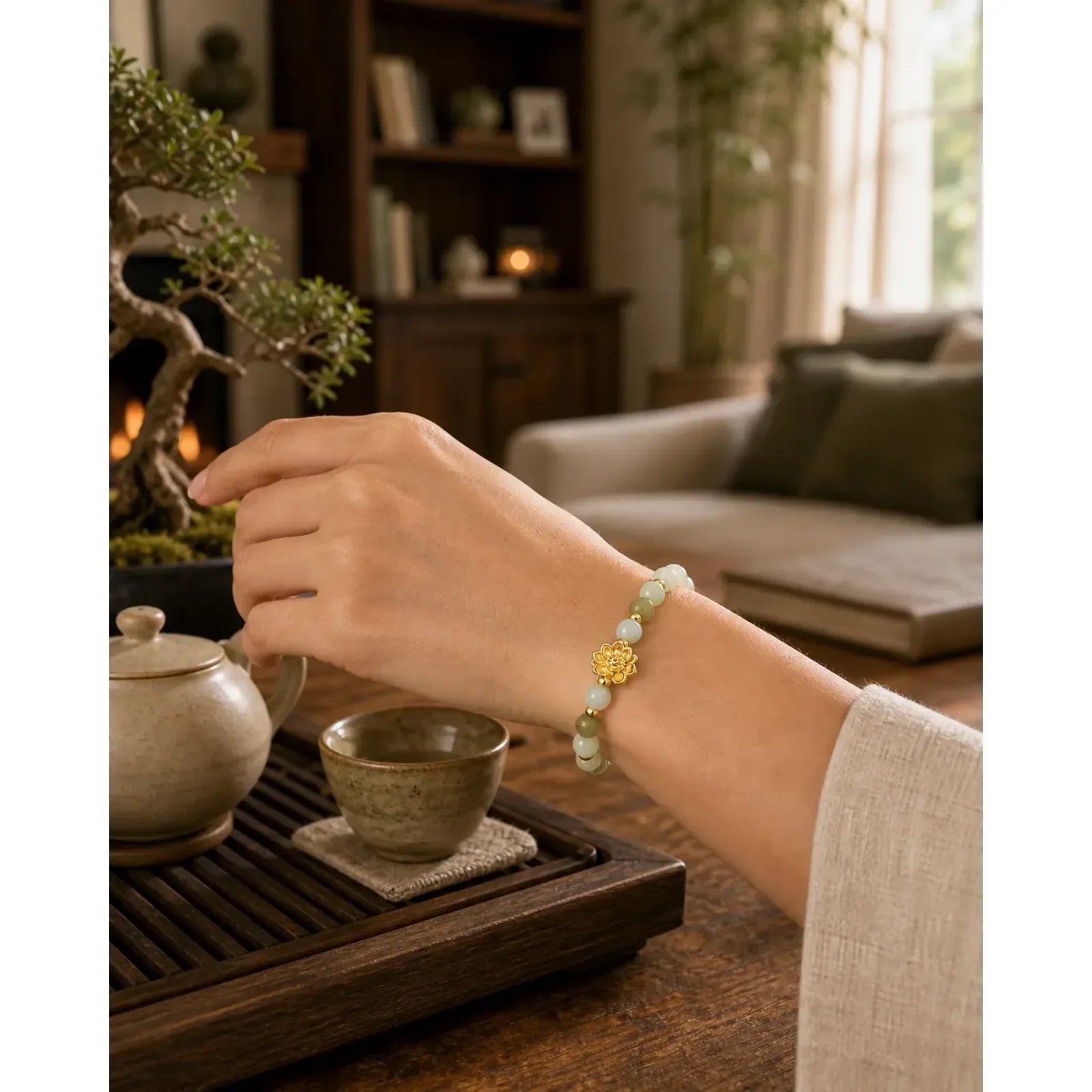 Natural Hetian Jade Gradient Lotus Abundance Bracelet featuring Jade, Lotus, Lotus Symbol