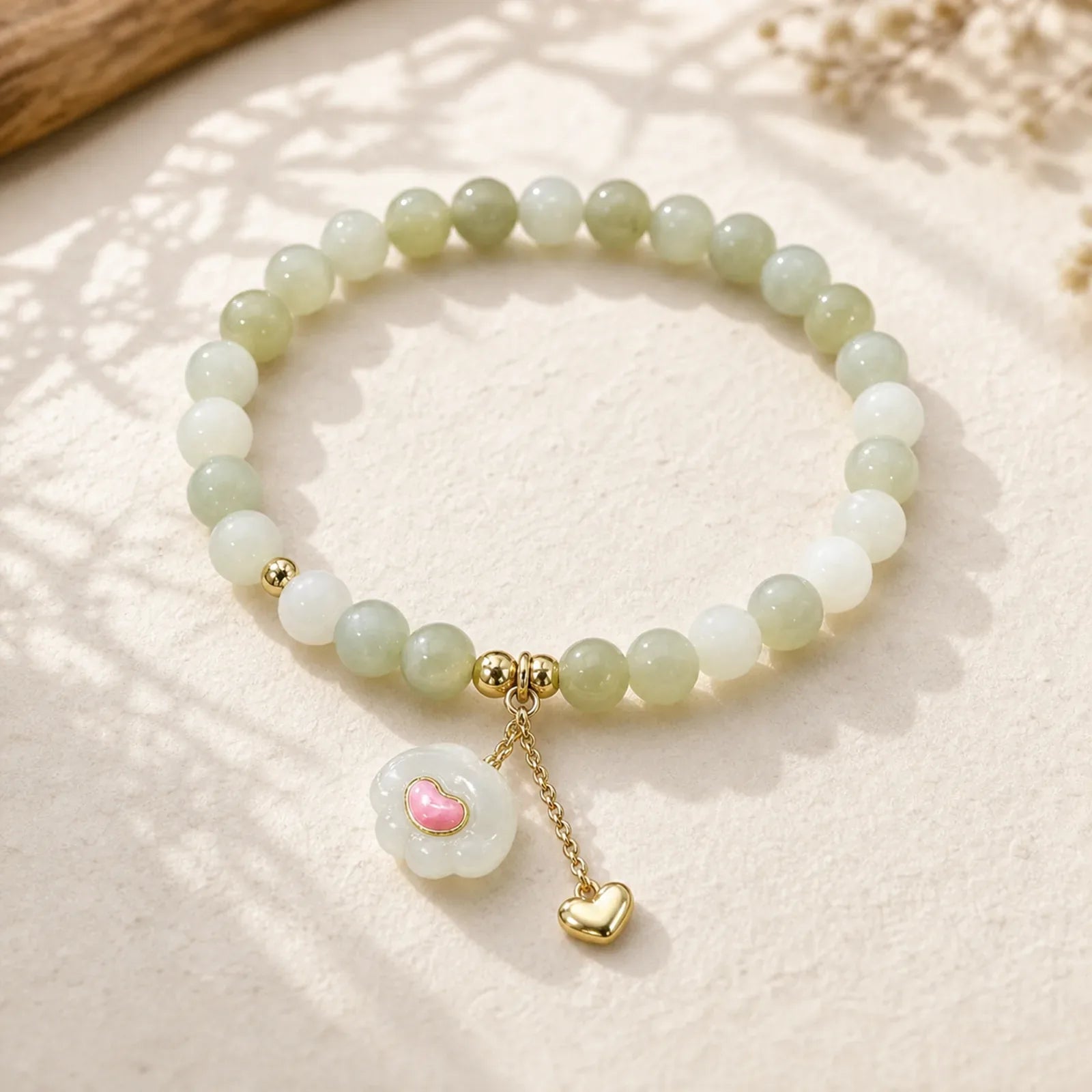 Natural Hetian Jade Heart Cat Paw Design Abundance Bracelet featuring Jade, Silver