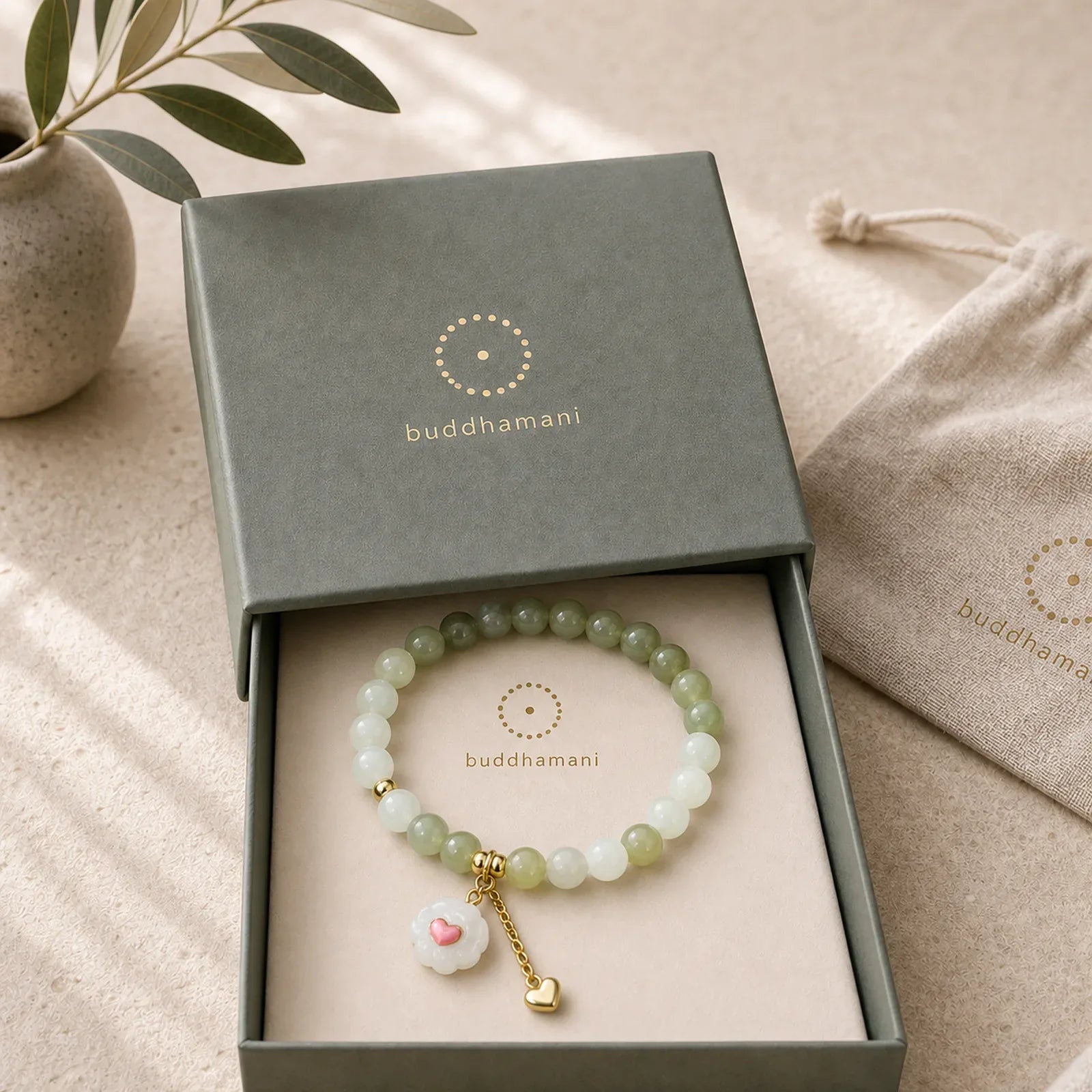 Natural Hetian Jade Heart Cat Paw Design Abundance Bracelet featuring Jade, Silver