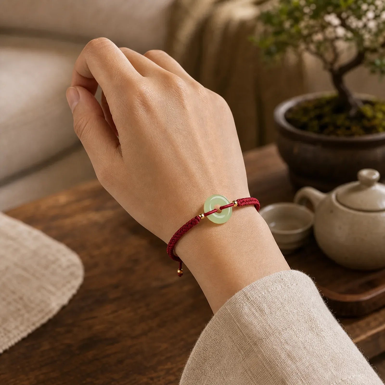 Natural Hetian Jade Peace Buckle Fu Character Protection Luck Braided Bracelet featuring Jade, Peace Buckle, Fu Character