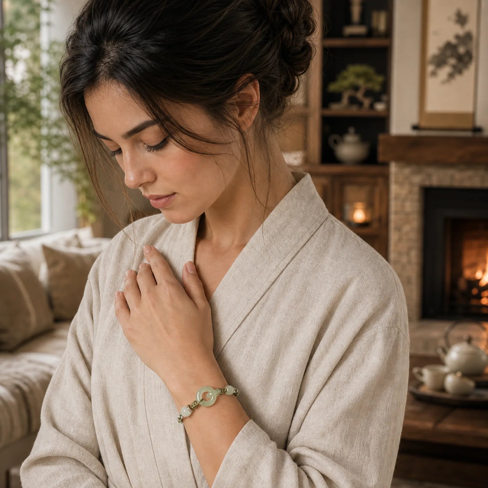 Natural Hetian Jade Peace Buckle Luck Braided Bracelet featuring Jade, Peace Buckle, Copper