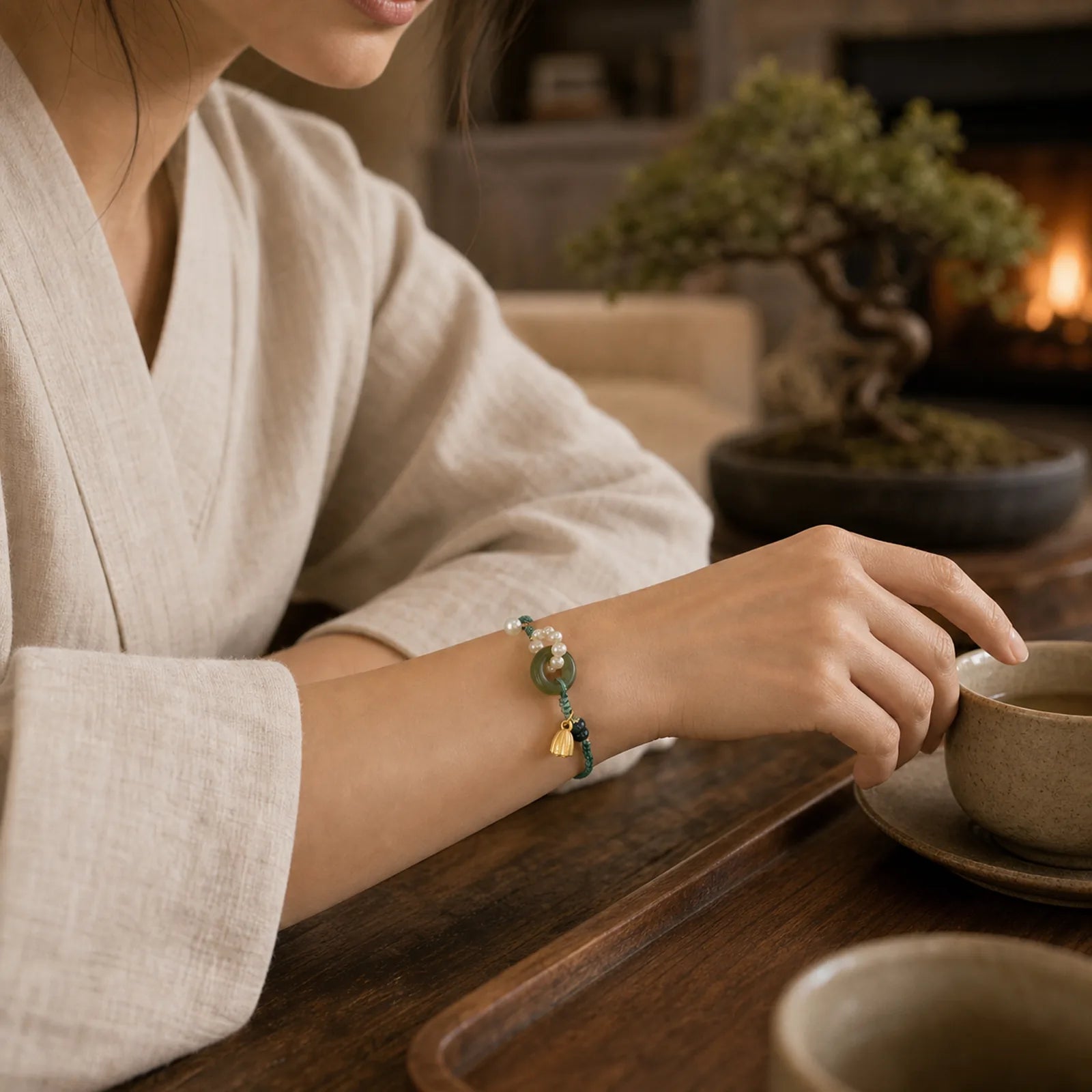 Natural Hetian Jade Peace Buckle Pearl Luck Handcrafted Braided Bracelet featuring Jade, Peace Buckle, Pearl