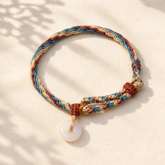 Natural Hetian Jade Peace Buckle Protection Colored Rope Braided Bracelet featuring Jade, Peace Buckle, Copper