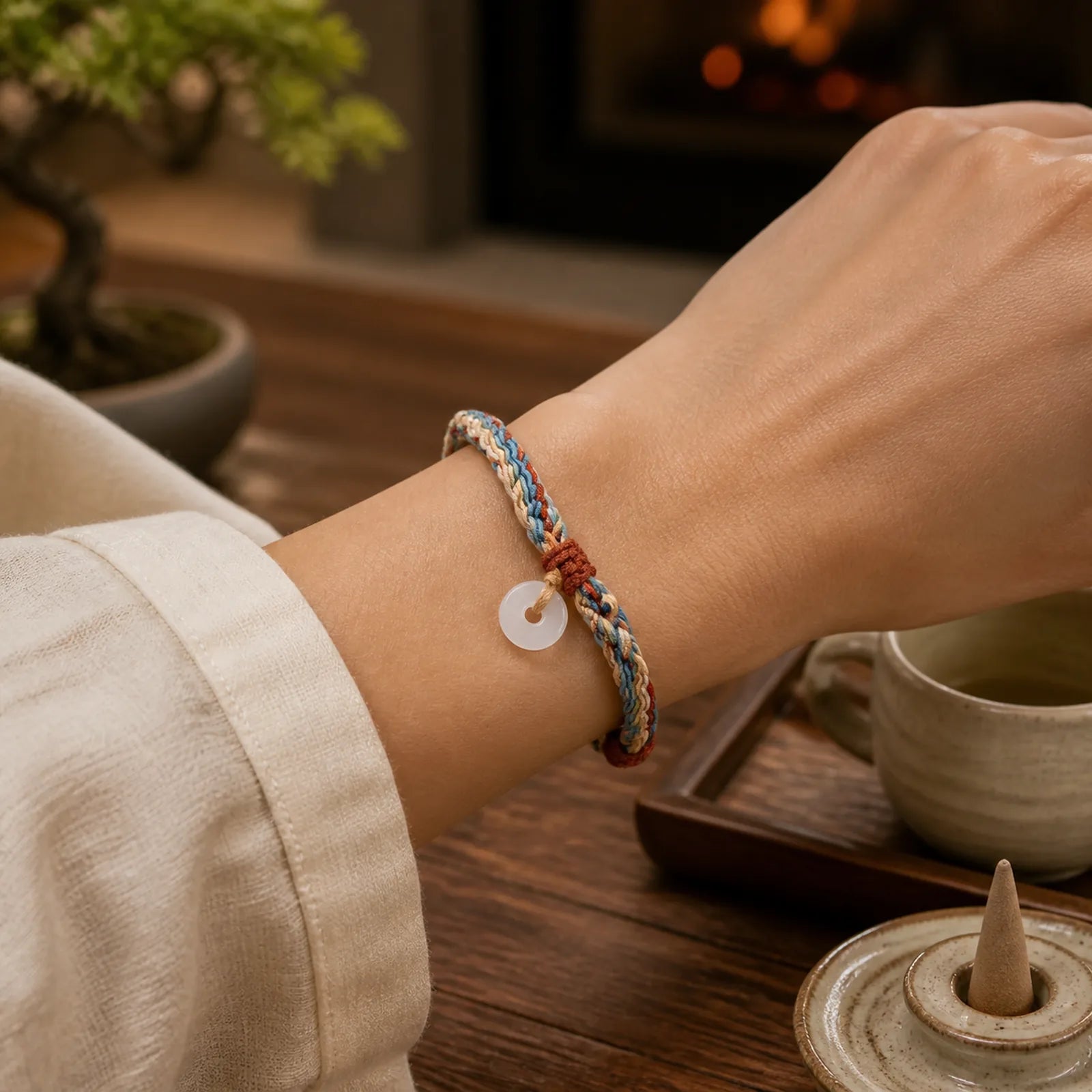 Natural Hetian Jade Peace Buckle Protection Colored Rope Braided Bracelet featuring Jade, Peace Buckle, Copper