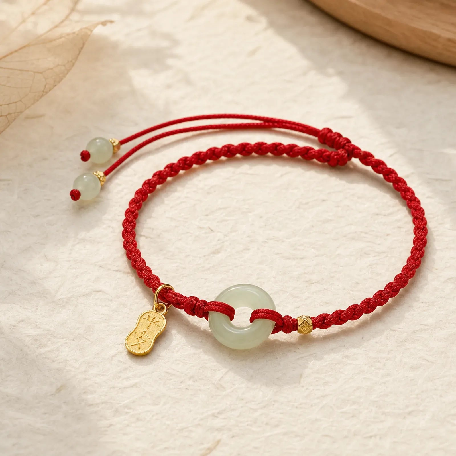 Natural Hetian Jade Peace Buckle Red String Luck Braided Bracelet featuring Jade, Peace Buckle, Red String