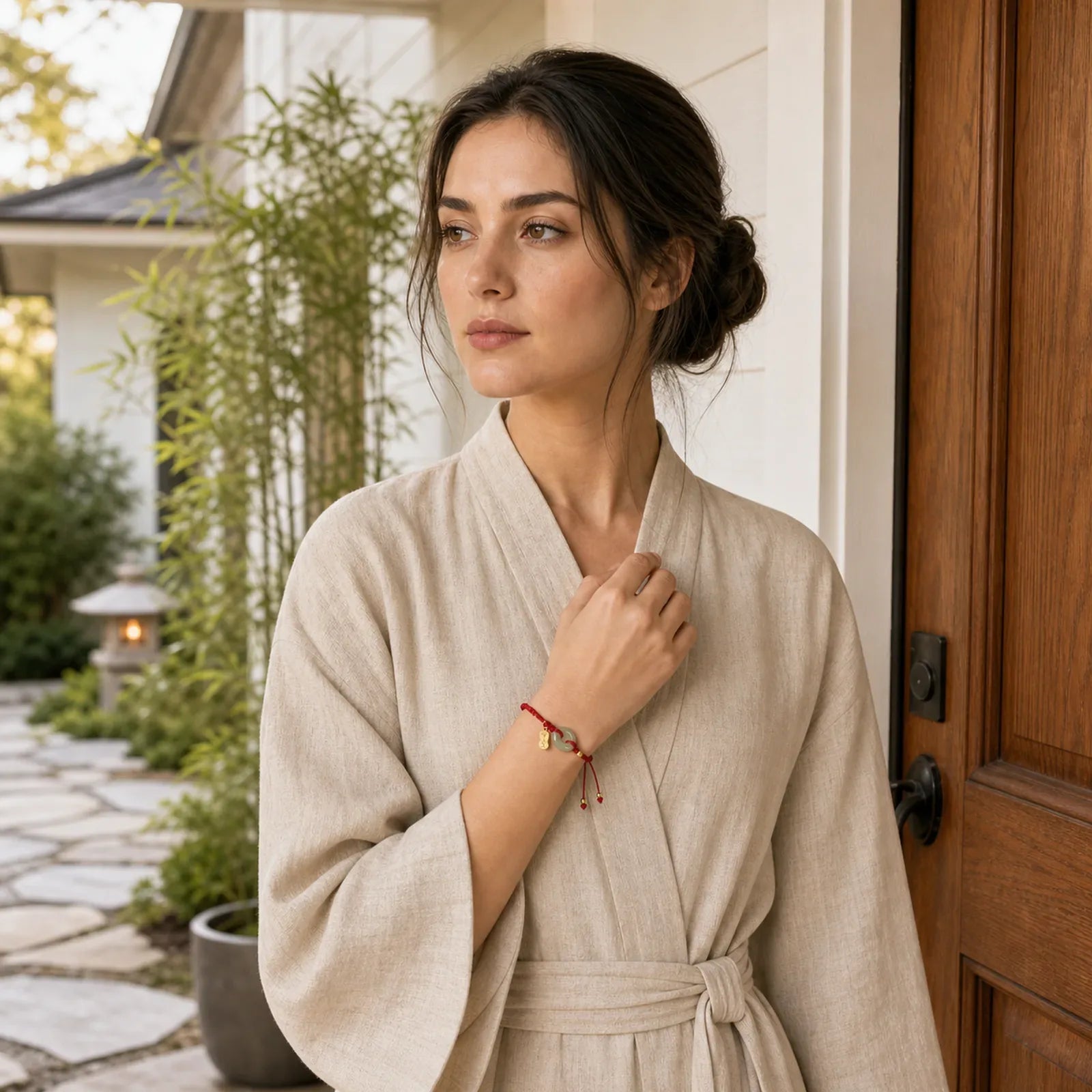 Natural Hetian Jade Peace Buckle Red String Luck Braided Bracelet featuring Jade, Peace Buckle, Red String