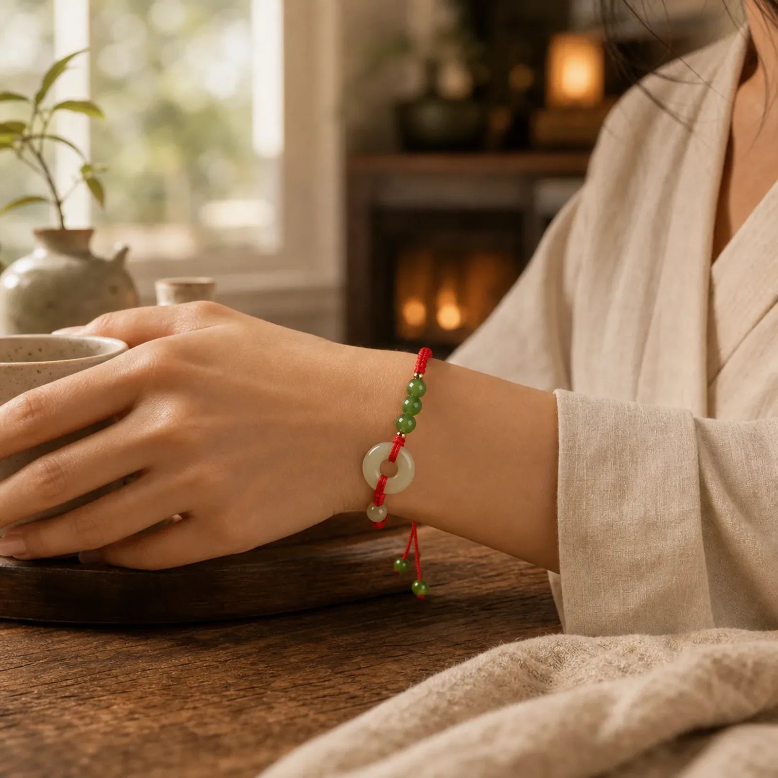 Natural Hetian Jade Peace Buckle Red String Protection Luck Bracelet featuring Jade, Peace Buckle, Red String
