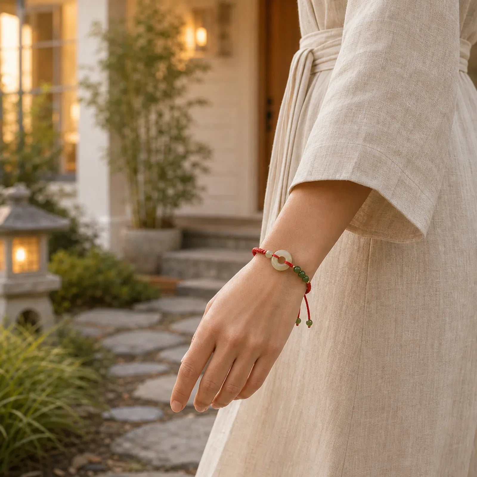 Natural Hetian Jade Peace Buckle Red String Protection Luck Bracelet featuring Jade, Peace Buckle, Red String