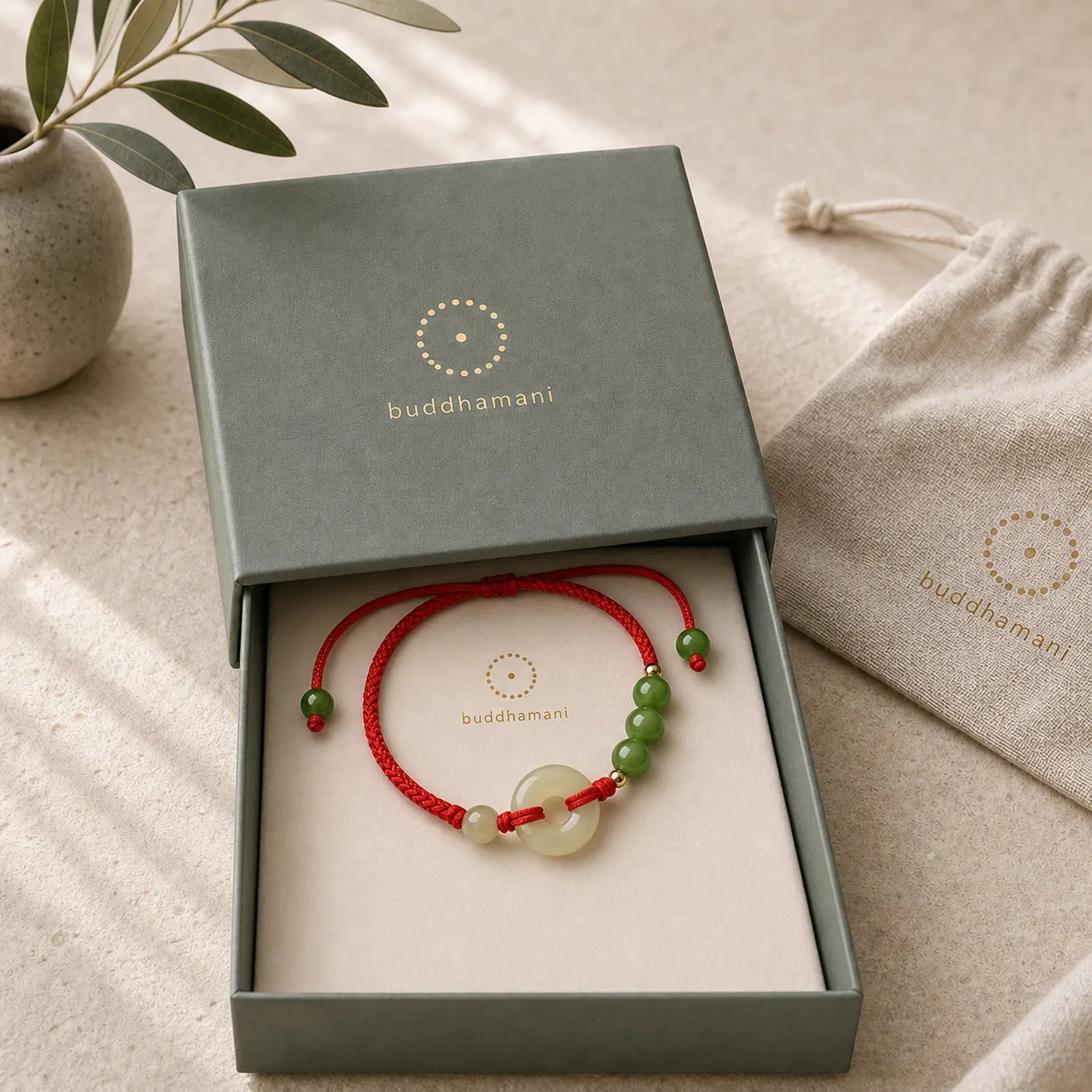 Natural Hetian Jade Peace Buckle Red String Protection Luck Bracelet featuring Jade, Peace Buckle, Red String