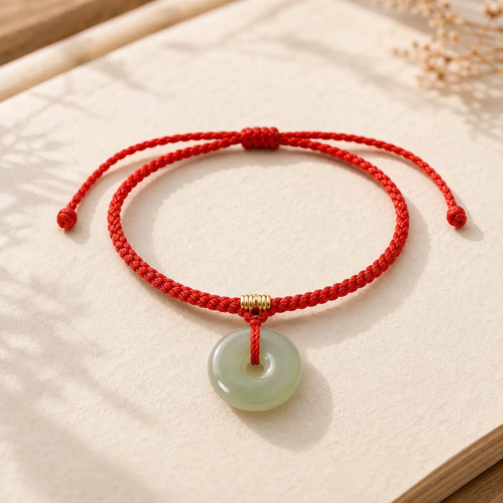 Natural Hetian Jade Peace Buckle String Abundance Bracelet Anklet featuring Jade, Peace Buckle, Red String