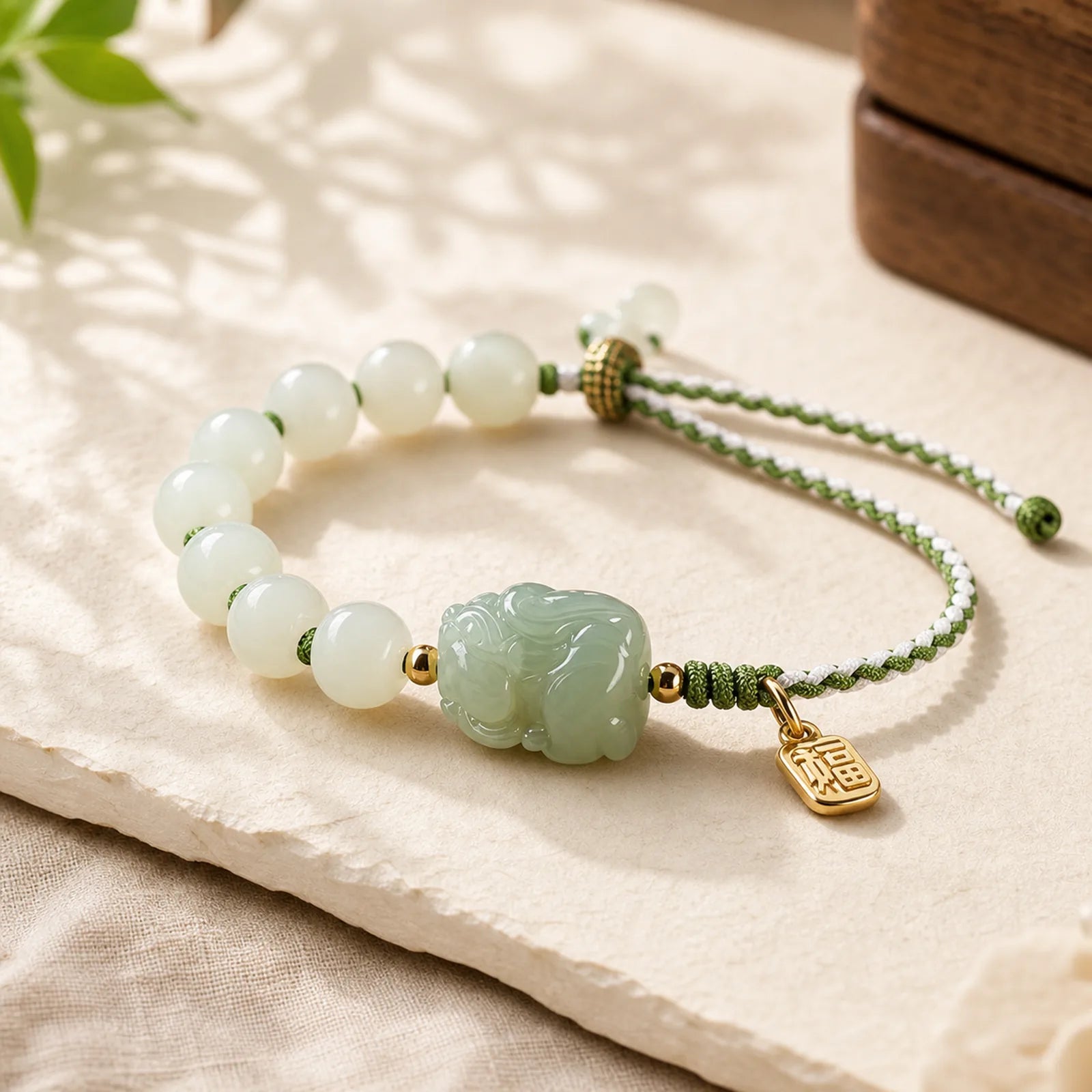 Natural Hetian Jade PiXiu Luck Fu Character String Bracelet featuring Jade, Pixiu, Fu Character