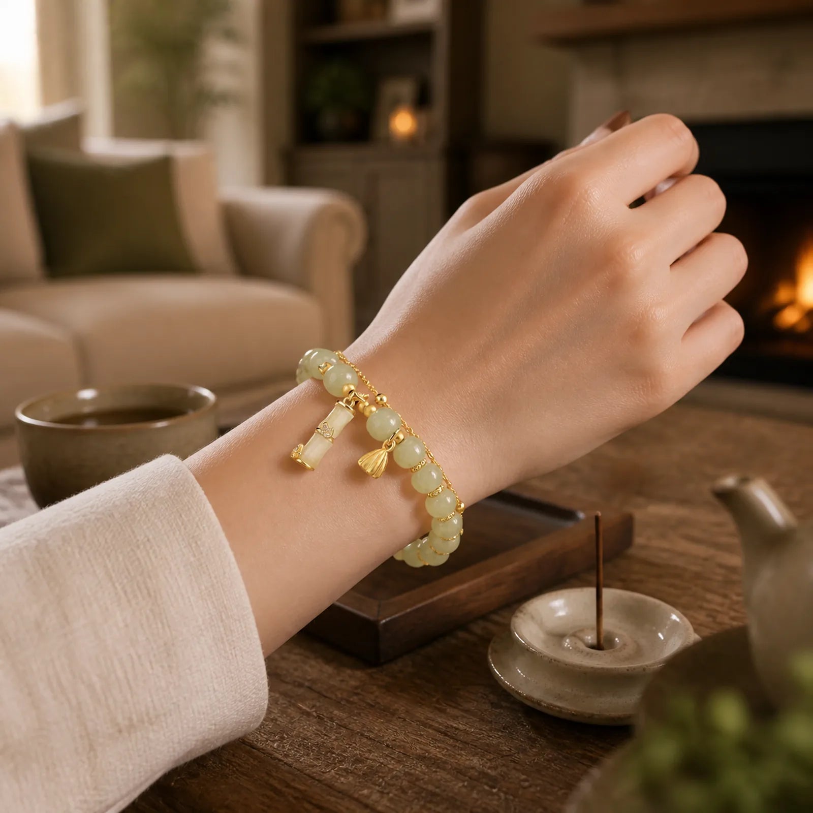 Natural Hetian Jade Prosperity Lotus Bamboo Charm Bracelet featuring Jade, Lotus, Bamboo