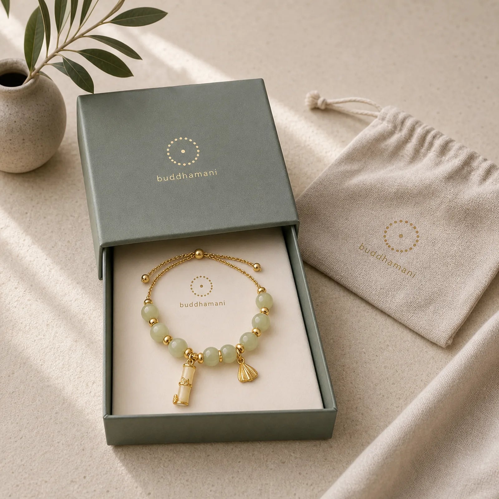 Natural Hetian Jade Prosperity Lotus Bamboo Charm Bracelet featuring Jade, Lotus, Bamboo