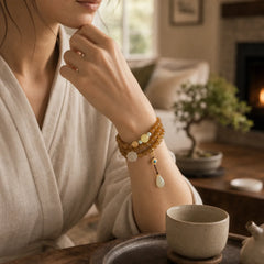 Natural Hetian Topaz Amber Lotus White Jade Pearl Success Bracelet featuring Topaz, Amber, Lotus