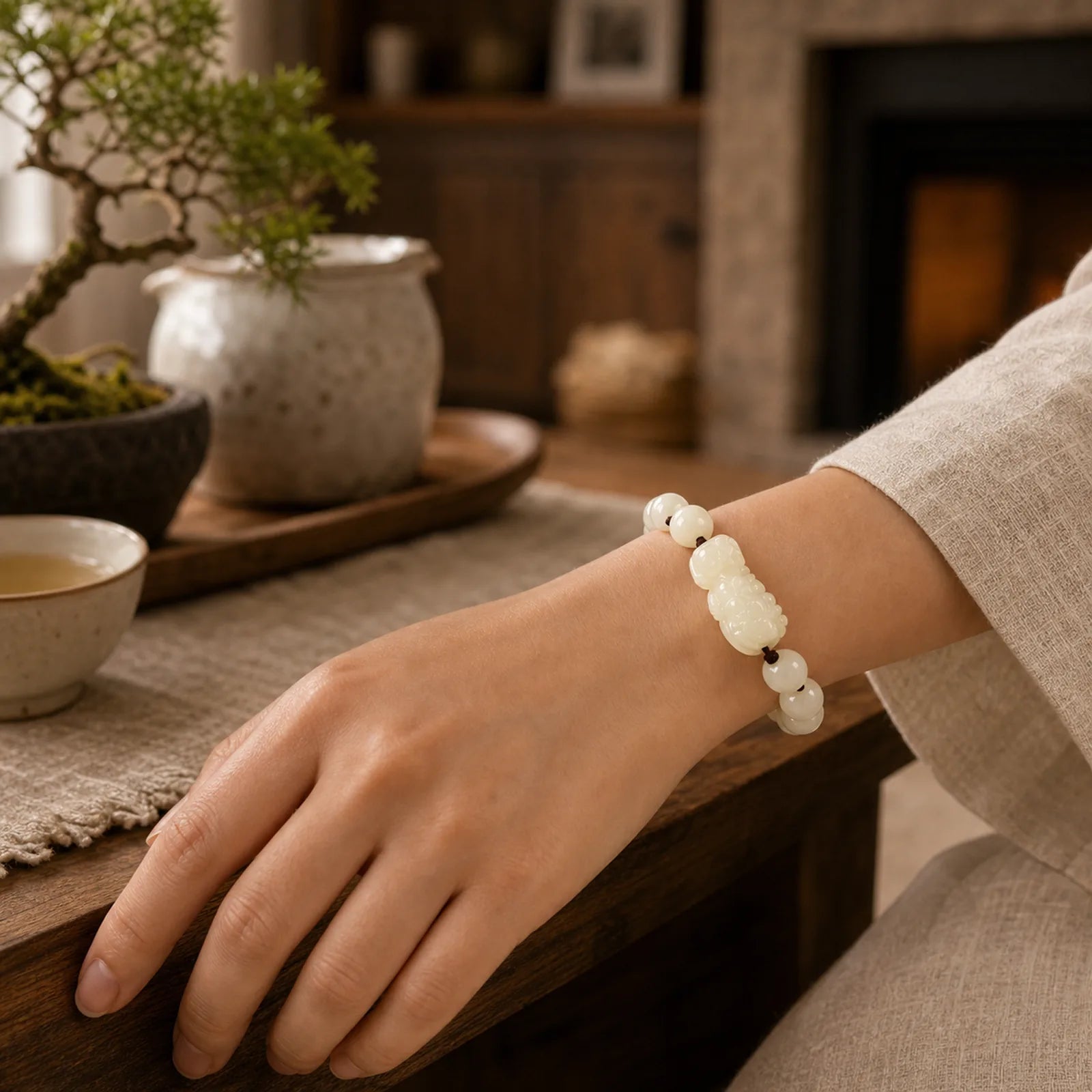 Natural Hetian White Jade PiXiu Wealth String Bracelet featuring White Jade, Jade, Pixiu