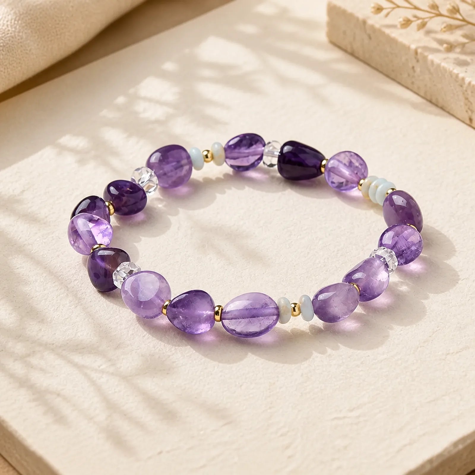 Natural Irregular Amethyst Shoushan Stone White Crystal Healing Bracelet featuring Amethyst, Shoushan Stone, Clear Quartz / White Crystal