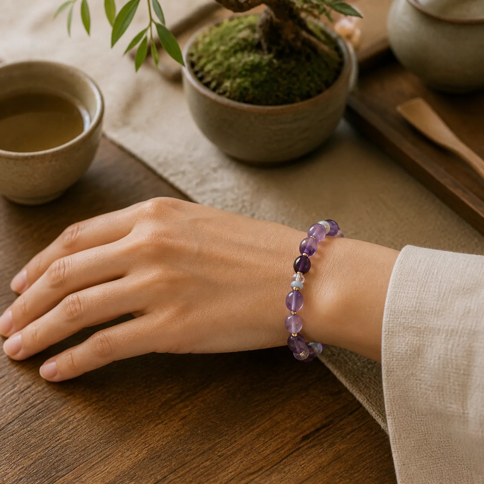 Natural Irregular Amethyst Shoushan Stone White Crystal Healing Bracelet featuring Amethyst, Shoushan Stone, Clear Quartz / White Crystal