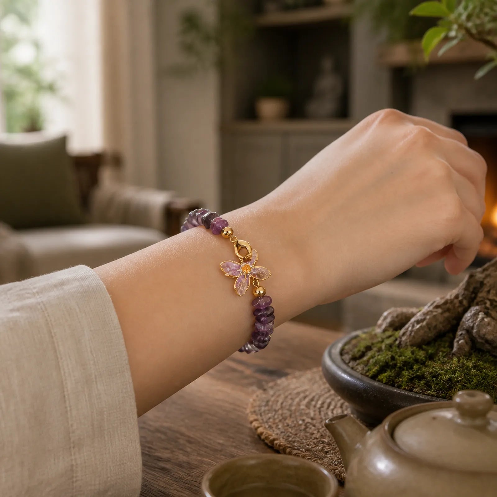 Natural Irregular Gravel Amethyst Blue Crystal Wisteria Balance Bracelet featuring Amethyst, Blue Crystal