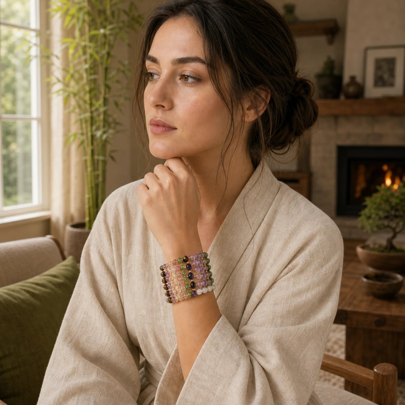 Natural Irregular Shape Stone Crystal Meditation Balance Bracelet featuring Amethyst, Garnet, Tourmaline